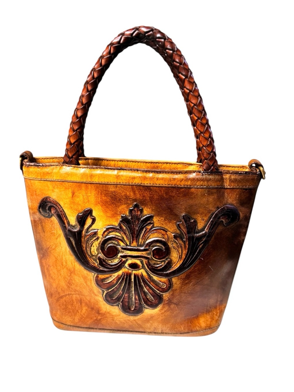 40’s Southwestern Cowhide Tooled Baroque Medallion Braided Handle Tote Bag